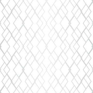 Vector silver geometric seamless pattern with grid, net, thin lines, rhombuses, diamonds. Abstract white and gray metallic linear background. Subtle graphic texture. Art deco ornament. Repeat design