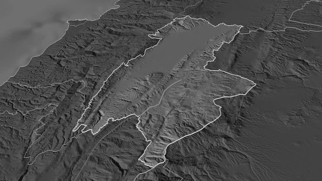 Bekaa, governorate with its capital, zoomed and extruded on the bilevel map of Lebanon in the conformal Stereographic projection. Animation 3D