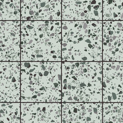 Dark green granite terrazzo flooring texture with square tiles. Vector seamless pattern of mosaic floor surface with natural stones, pebbles, granite, marble, concrete. Endless realistic background