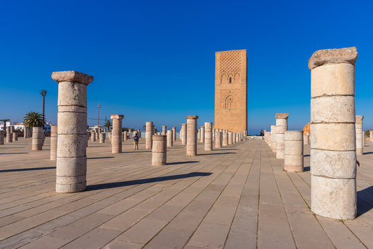Beautiful square with Hassan tower at Mausoleum of Mohammed V in Rabat, Morocco - Powered by Adobe