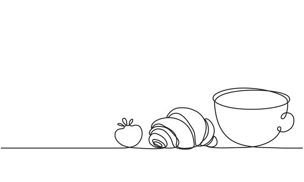 Croissant, coffee and strawberry. Cup of hot drink and pastries with berries. Continuous line drawing. Vector sketch.