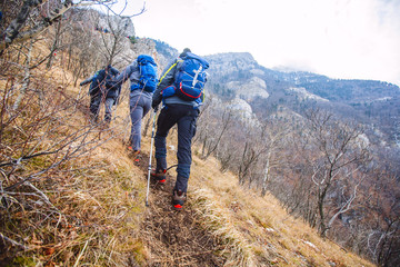 Naklejka premium Trekking Group People Outdoor Nature Healthy Activity Mountain Hiking
