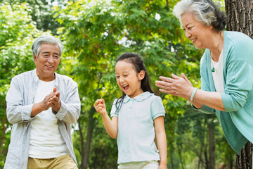 The elderly couple and granddaughter play outdoors