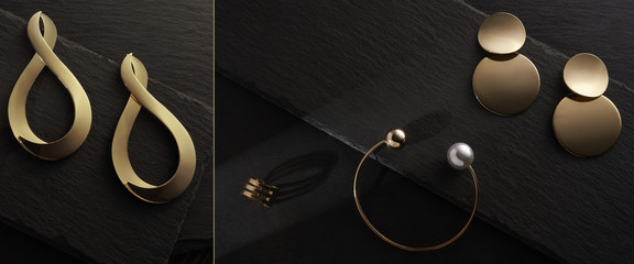 Photo collage of Modern golden earrings and golden bracelet and ring on black stone background