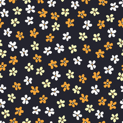 Fototapeta na wymiar Yellow and White Ditsy Allover Hand-Drawn Daisies Blooms on Black Background Vector Seamless Pattern