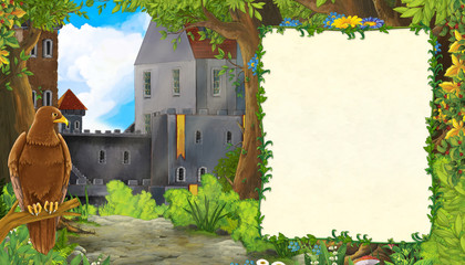 Cartoon nature scene with bird eagle with beautiful castle with frame for text - illustration for the children