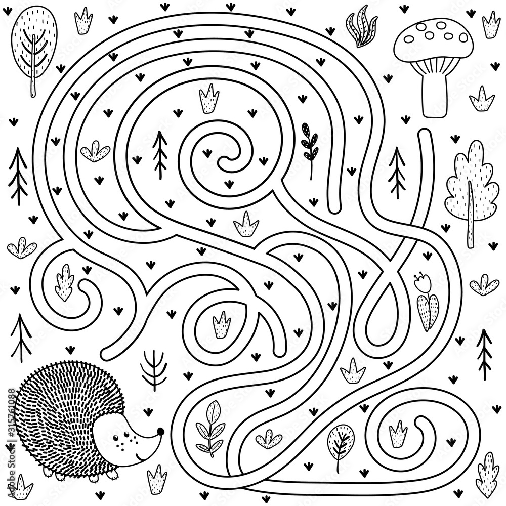 Wall mural black and white maze game for kids. help the hedgehog find the way to the mushroom