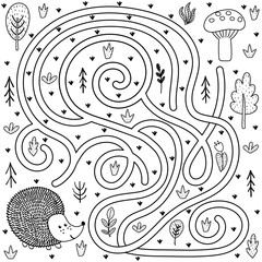 Fototapeta premium Black and white maze game for kids. Help the hedgehog find the way to the mushroom