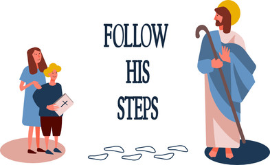 Cute vector illustration of Jesus show way to young children with Bible. Jesus Christ is good shepherd, follow his foot steps. Religious Christian bible design for Easter and family readings