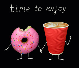 The paper cup of coffee and pink bitten donut hold hands. Time to enjoy. Black background. Isolated.