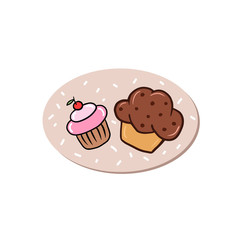 Cake logo. Vector color illustration of cupcakes in cartoon style. Drawing for cafes and restaurants.