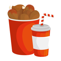 set of chicken food in container with drink isolated icon
