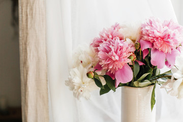 Stylish pink and white peonies in vase. Hello spring. Lovely peony bouquet in sunny light on rustic wooden window sill. Happy Mothers day greeting card. Happy valentines day