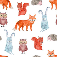 Cute watercolor seamless pattern with cheerful forest animals. Funny hand drawn watercolour texture with fox and squirrel, hare, owl and hedgehog for kids textile, surface design, wallpaper