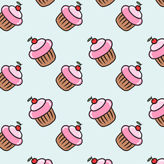 Pattern with cakes in cartoon style. Vector ornament with cupcakes. Color illustration of sweets.