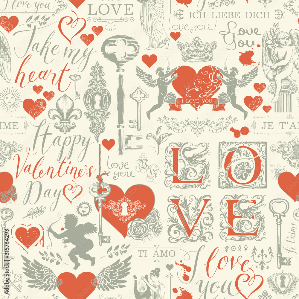 Poster vector seamless pattern on the theme of valentines day with red hearts, keys, keyholes, cupids and i