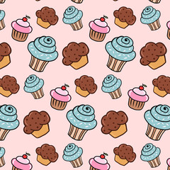 Pattern with cakes. Vector ornament with pastry. Cupcakes illustrations in cartoon style.