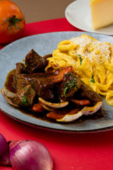 Spaghetti with huancaina with beef tenderloin