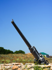 Ship's gun mounted on a coastal battery, close-up. Weapons of the second world war, Soviet...