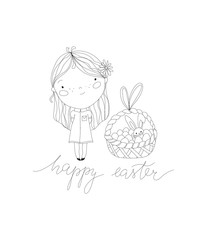 linear happy easter vector ink line art illustration with girl, basket, eggs, bunny, calligraphy lettering. unique sketch spring easter greeting card. outline child cartoon kid character holiday card.