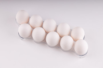 Group of white chicken eggs from farm. healthy food ingredient on light background. close up.