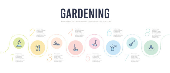gardening concept infographic design template. included garden, rak, spraying, brooming, dig, wood cutting icons
