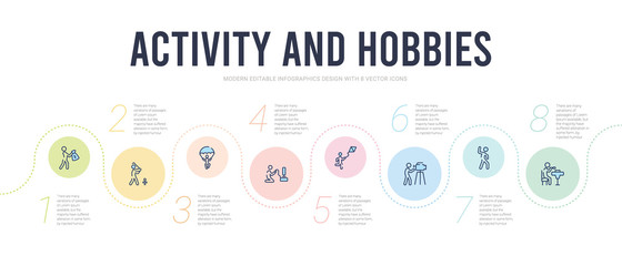 activity and hobbies concept infographic design template. included eating, exercising, film making, flying a kite, game playing, gliding parachutist icons