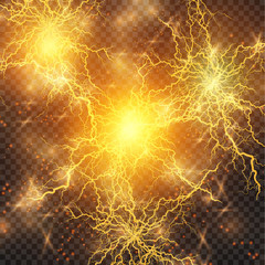  Lightning flash light thunder sparks on a transparent background. Fire and ice fractal lightning, plasma power background vector illustration