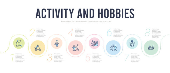 activity and hobbies concept infographic design template. included mahjong, meditating, meeting with a friend, mineral collecting, model building, modeling icons