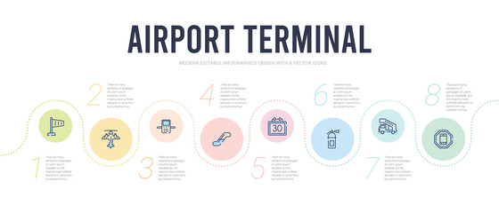 airport terminal concept infographic design template. included forbbiden phone, gangway truck, extinguisher, calendar day thirty, escalator up, airport x ray machine icons