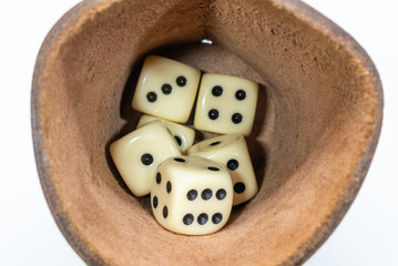 dice in a shaker on a white background