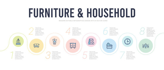 furniture & household concept infographic design template. included dinner table, wall clock, pillows, floor, night stand, cuckoo clock icons