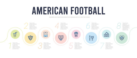 american football concept infographic design template. included football shield, american football game ticket, american trash can, scores, field icons