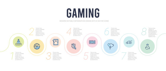 Fototapeta na wymiar gaming concept infographic design template. included potions, trunk open, balloon hearts, scores, role playing game, pool table icons
