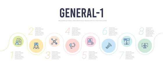 general-1 concept infographic design template. included 3d modeling, 3d printing, active sensor, add photos, advertising agency, advertising networks icons