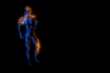 3d man doing yoga exercise in tree pose isolated on black background