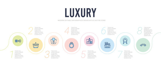 luxury concept infographic design template. included limousine, throne, cottage, vip pass, diamond ring, gems icons