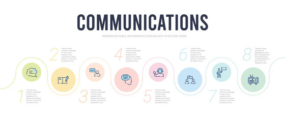 communications concept infographic design template. included news anchor, waving flag, talk, woman file, theory, swearing icons