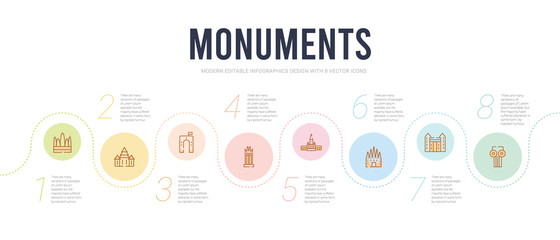 monuments concept infographic design template. included greek column, monument site, spain, russia, philippines, denmark icons
