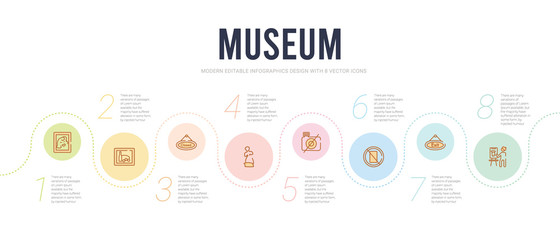 museum concept infographic design template. included painting, exit, no phone, no photo, venus de milo, closed icons