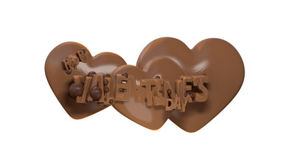 Happy Valentine's Day lettering with three hearts behind made of dark sweet chocolate or caramel. 3d illustration isolated on white background