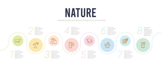 nature concept infographic design template. included flower pot, fern, cultivation, saturn with his ring, wood board, hill icons