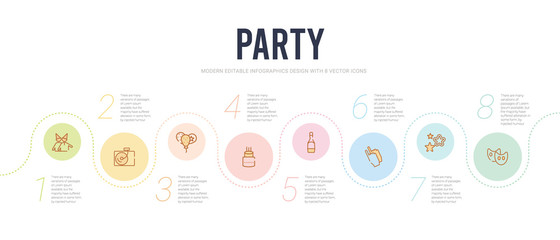 party concept infographic design template. included theatre masks, sprinkle stars, claping hands, opening champagne bottle, birthday wish, three ornamental balloons icons