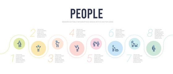 people concept infographic design template. included queens guard, woman with shopping cart, person mowing the grass, two men with cocktail glasses, smoking man, woman covering icons