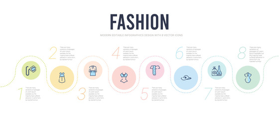 fashion concept infographic design template. included cheongsam, hair dye, summer hat with a flower, wool scarf, swimwear, coat with pockets icons
