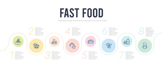 fast food concept infographic design template. included cooking, free, cash, taco, cooking time, hot dish icons