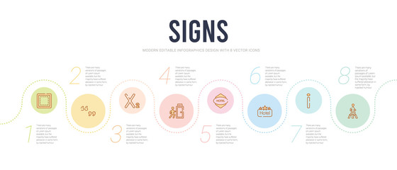signs concept infographic design template. included crossing, information, square hotel, round hotel, emergency exit, subscript icons