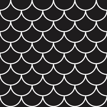 Fish, mermaid, dragon, snake scales. Tail scale seamless pattern. Black and white minimal background. Kids abstract texture. Vector illustration.