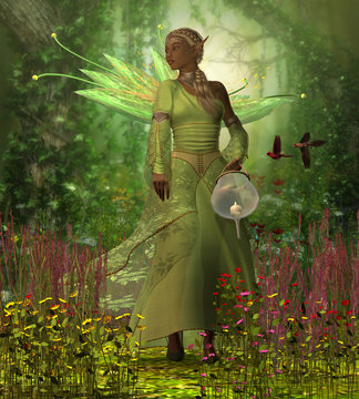 Fairy Lamp - A fairy holding a candle lamp takes a walk in the magical forest full of flowers and wild Cardinal birds.