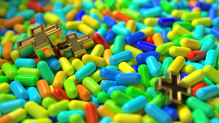 Heap of medicine tablets. Background made from pills or capsules in different colors with medical sign in shape of cross made by gold. 3d illustration